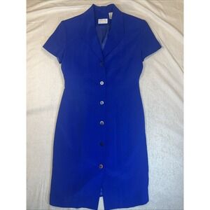 Preview Collection Royal Blue Button Up Dress Career 100% Silk Sz 4 Vintage